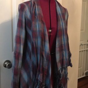Altar’D State blue and red plaid fringe cardigan